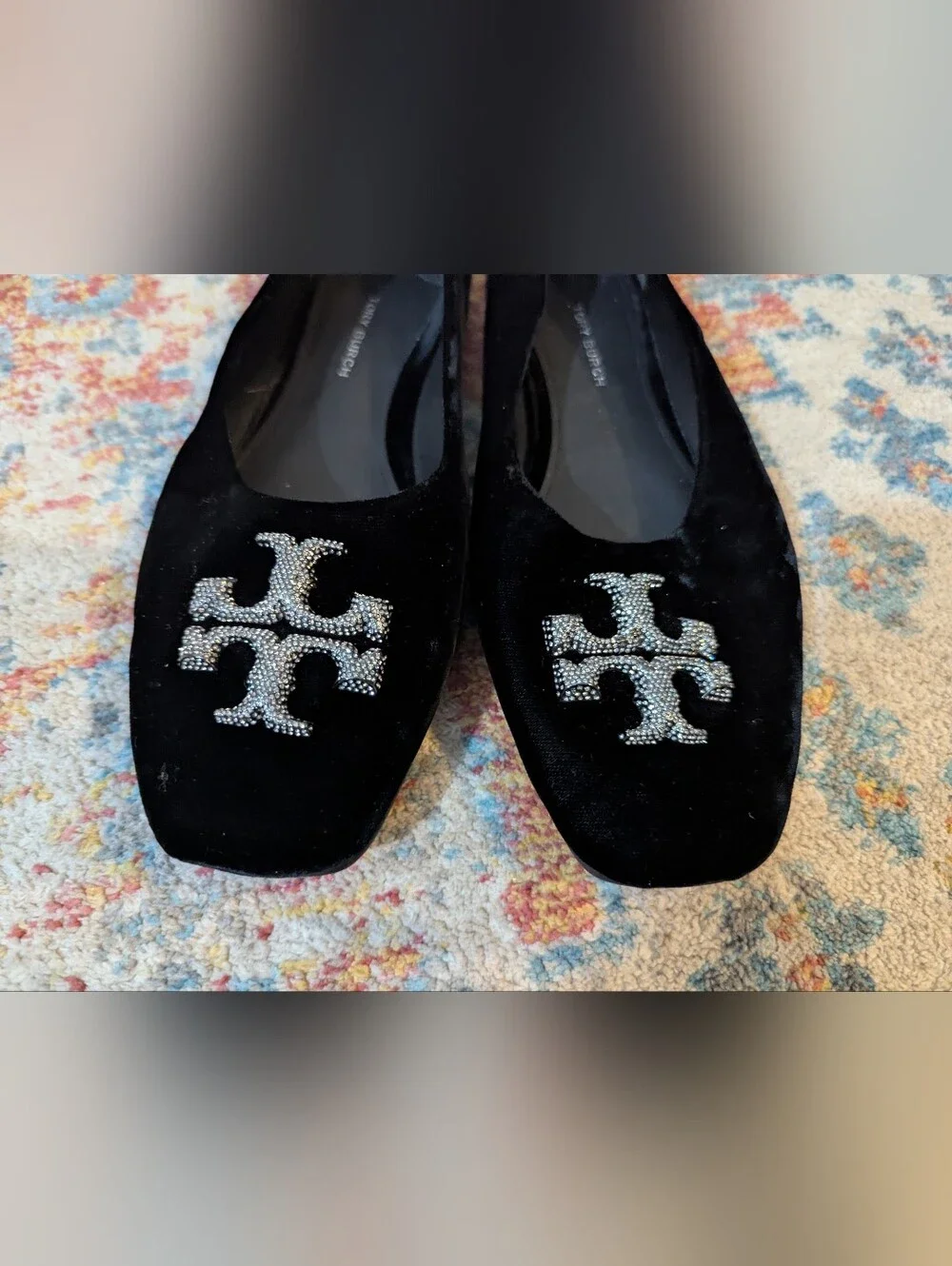 Tory Burch Women's 7.5 M Eleanor Crystal Ballet Black Velvet Flat Logo